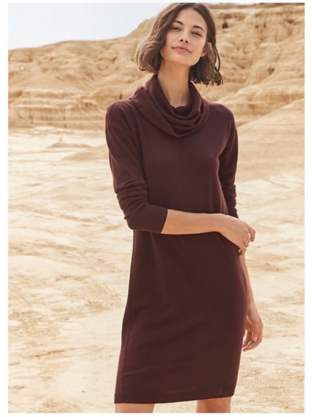 Garnet Hill Eco Merino Wool Cowl‎ Neck Sweater Dress Brown Workwear Minimalist S